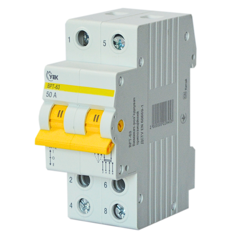 Вимикач-роз'єднувач УЕК ВРТ-63 1-0-2 2P 50A трипозиційний (MPR10-2-050-U)