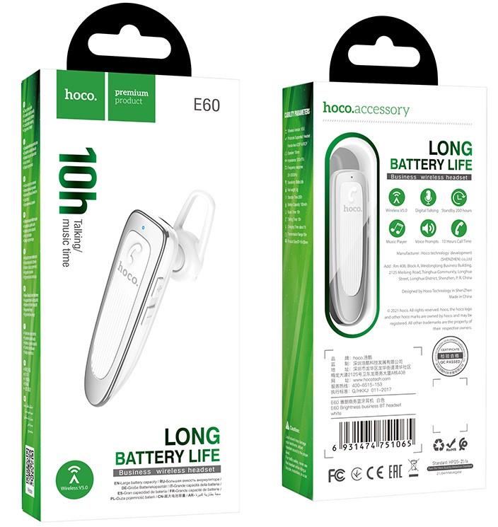 Bluetooth-гарнитура Hoco E60 Brightness Business 170 мАч Белый (1edc4f7b) - фото 3