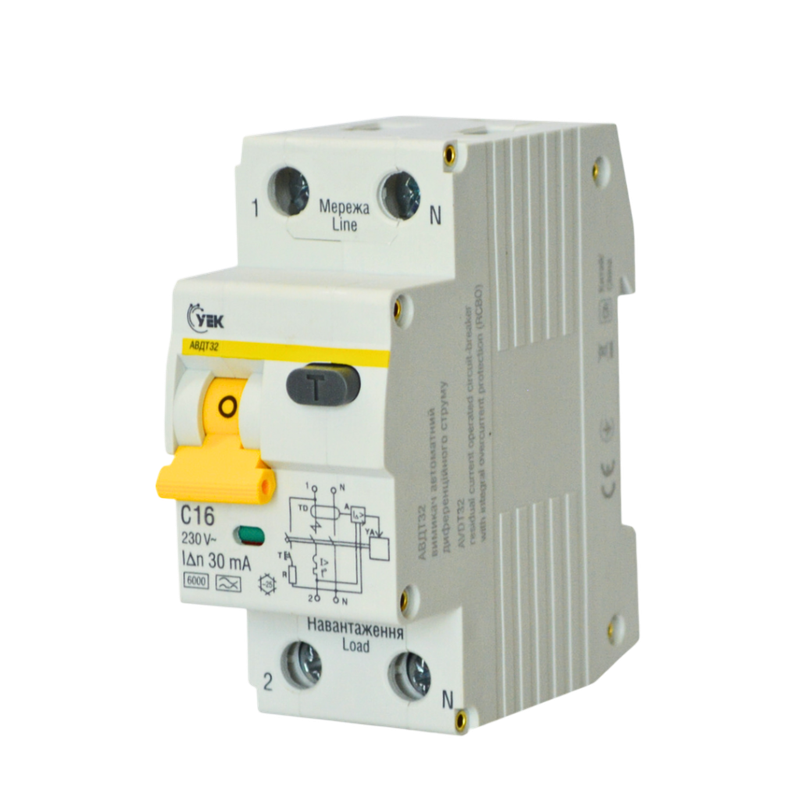 Выключатель дифференциальный УEK АВДТ32 2P 16A 30мА C тип А (MAD22-5-016-C-30-U) Выключатель дифференциальный УEK АВДТ32 2P 16A 30мА C тип А (MAD22-5-016-C-30-U)