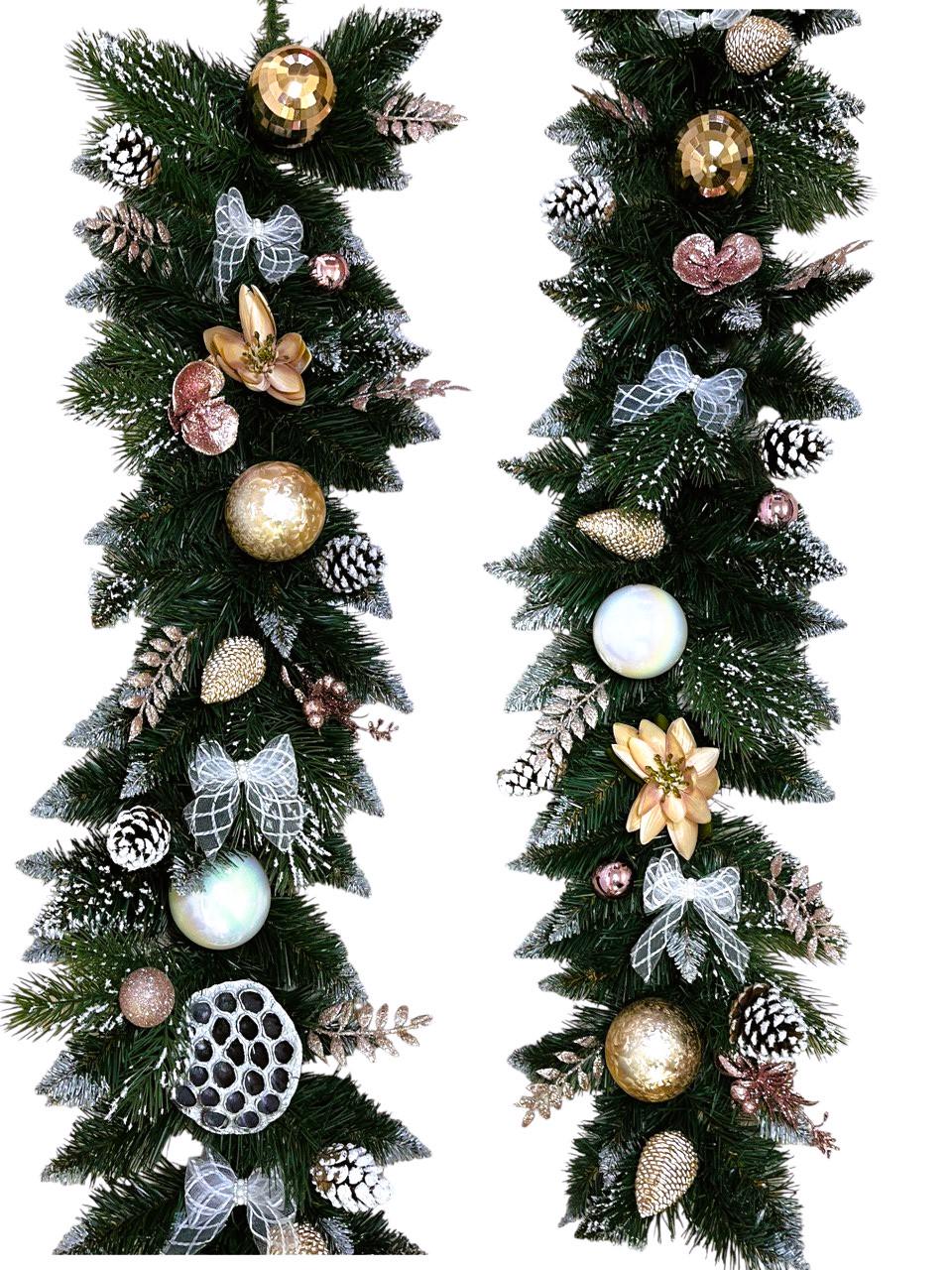 Гірлянда хвойна прикрашена кулями/засніженими шишками/квітами/бантамами 25 см Шампань 2 м (2024914485) - фото 2