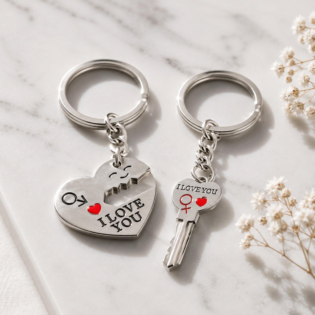 Брелки парные I Love You сердце и ключ металлические Серебристый (LOVE-KEYCHAIN-SILVER)