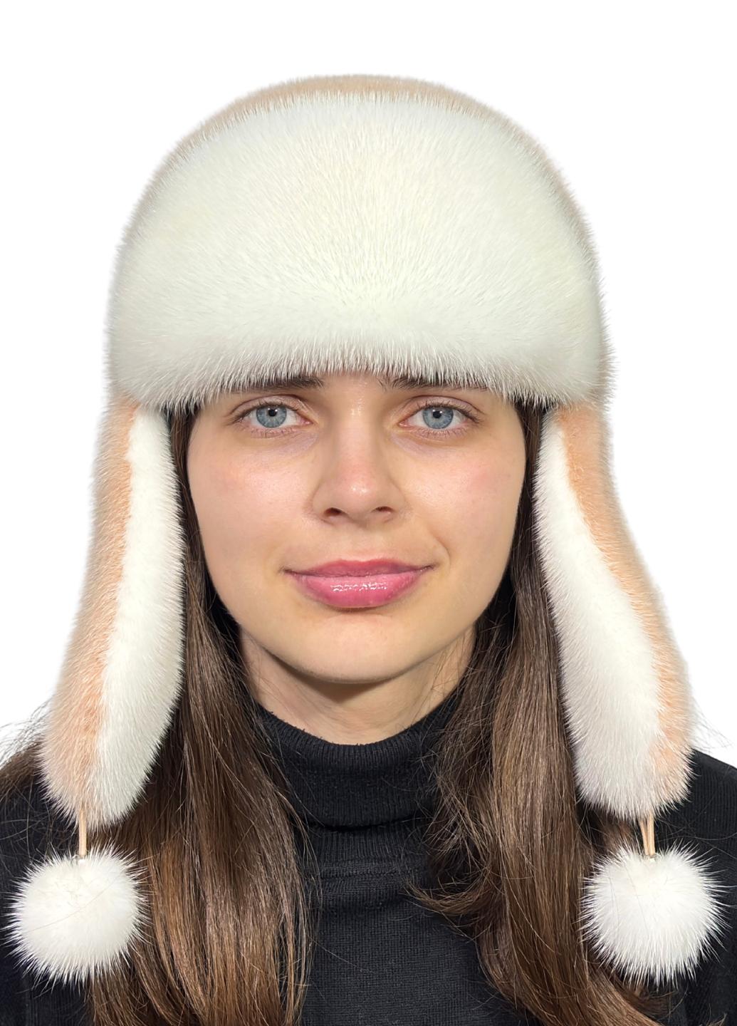 Шапка женская Меховой стиль Комбинированная Ушанка из натурального меха норки Пудра/Белый (058/B)