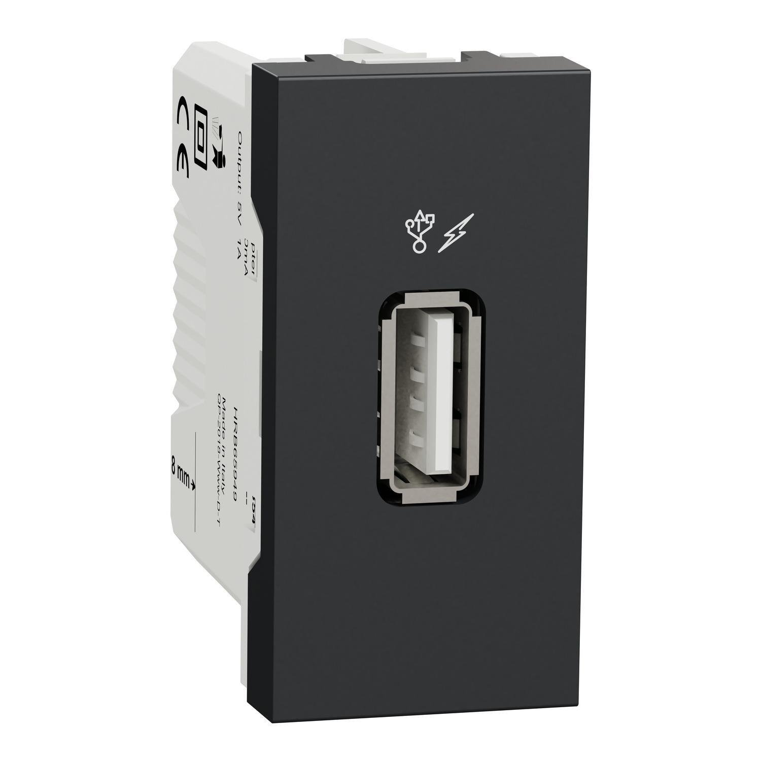 Розетка Schneider Electric USB 2.0 одинарная 1,05А тип A 1 модуль Unica Антрацит (NU342854)