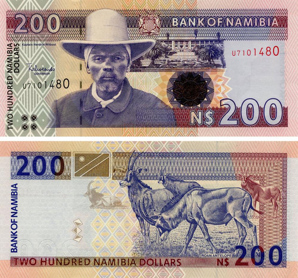 Коллекционная банкнота Намибия 200 долларов 1997 UNC Животные-Лошадиные антилопы P10b (Б15933)