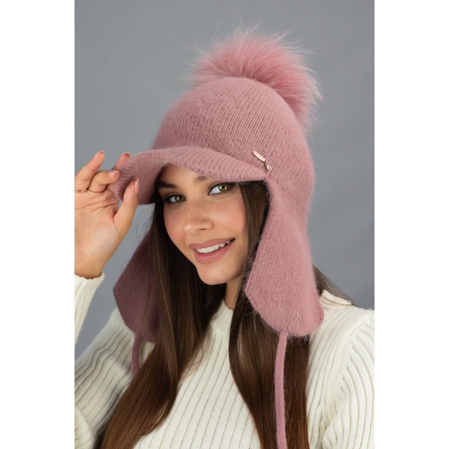 Шапка женская ушанка с козырьком и бубоном на шнуровках Braxton 7235-1 one size Темная пудра