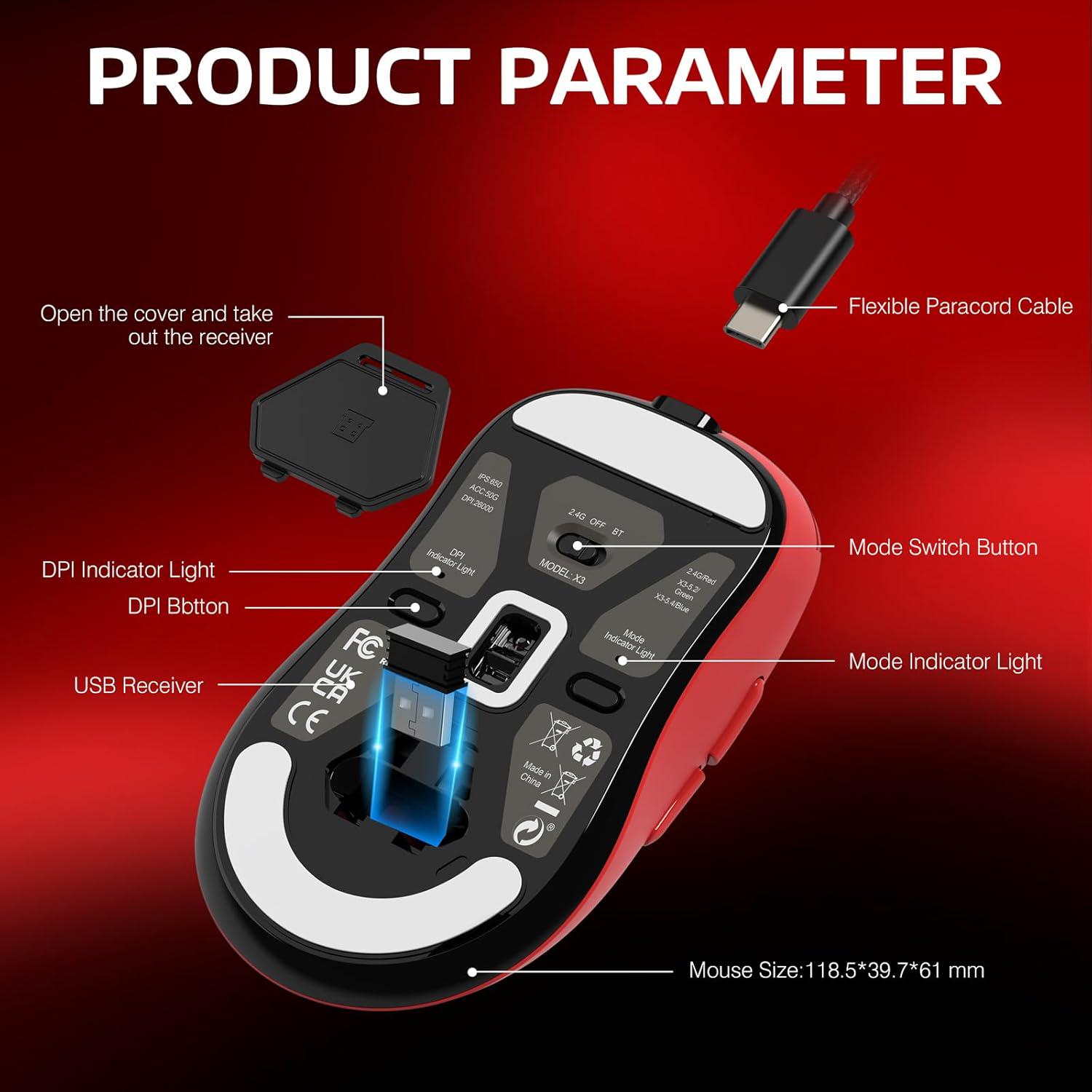 Мышка игровая беспроводная attack shark X3 эргономичная 49 г PAW3395 26K DPI программированные кнопки Red - фото 4 Мышка игровая беспроводная attack shark X3 эргономичная 49 г PAW3395 26K DPI программированные кнопки Red - фото 4