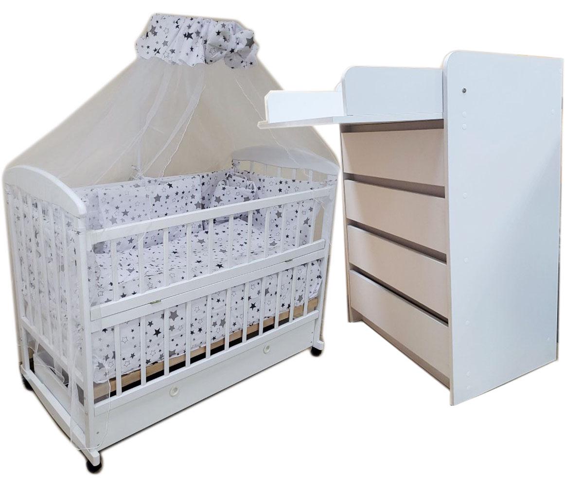 Комплект детской мебели Baby Наталка комод Марк/кровать без ящика/матрас/постельный набор 9 эл. Белый