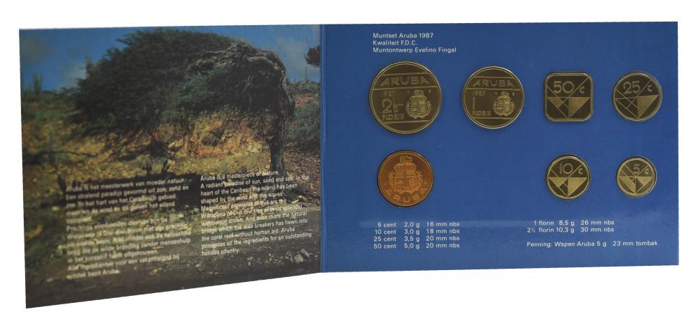 Коллекционные монеты Аруба 7 шт. 1987 UNC 5/10/25/50 центов/1/2,5 флорина/жетон в сувенирной упаковке (М21614)