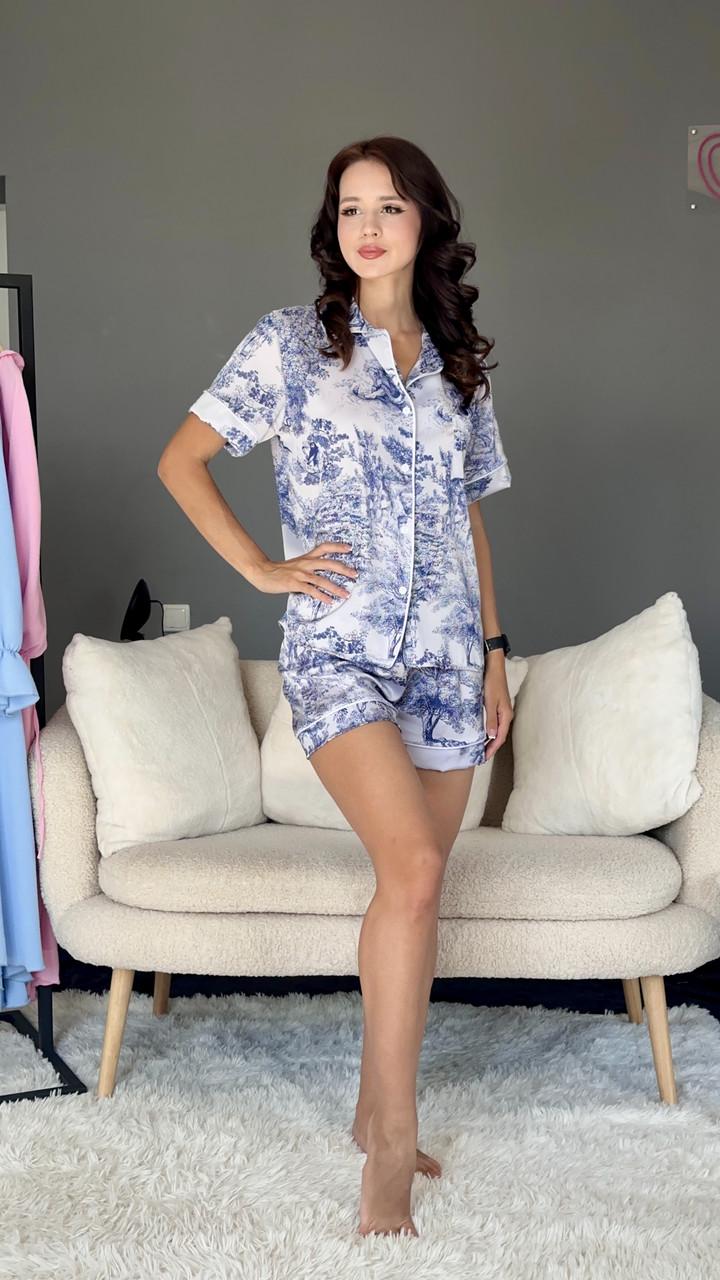 Пижама женская из шелка Диор рубашка и шорты M Белый/Синий (2736656368)