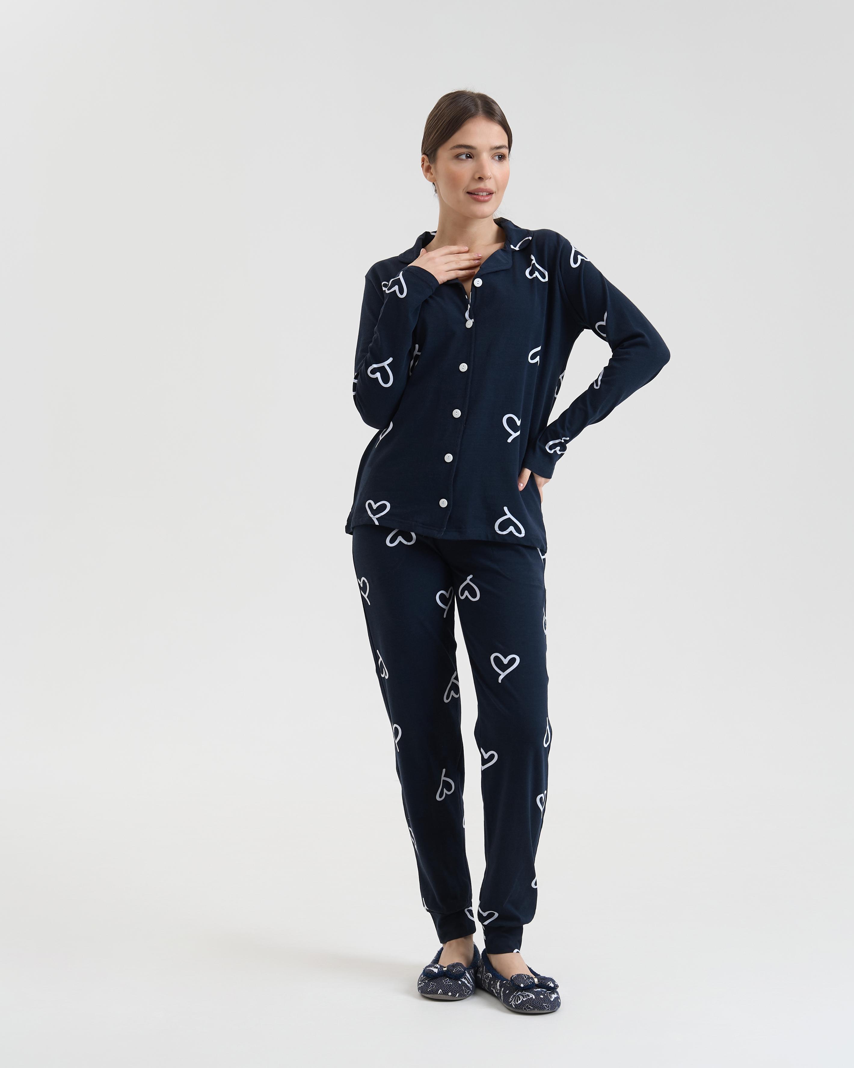Пижама женская на пуговицах со штанами Сердечки 96808 M Темно-синий