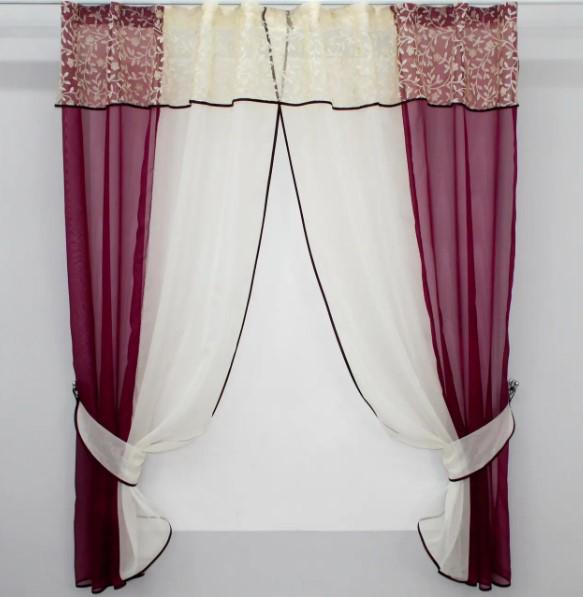 Шторки на кухню/балкон шифон/органза 260х170 см Бордовий/Молочний (00к 59-360)