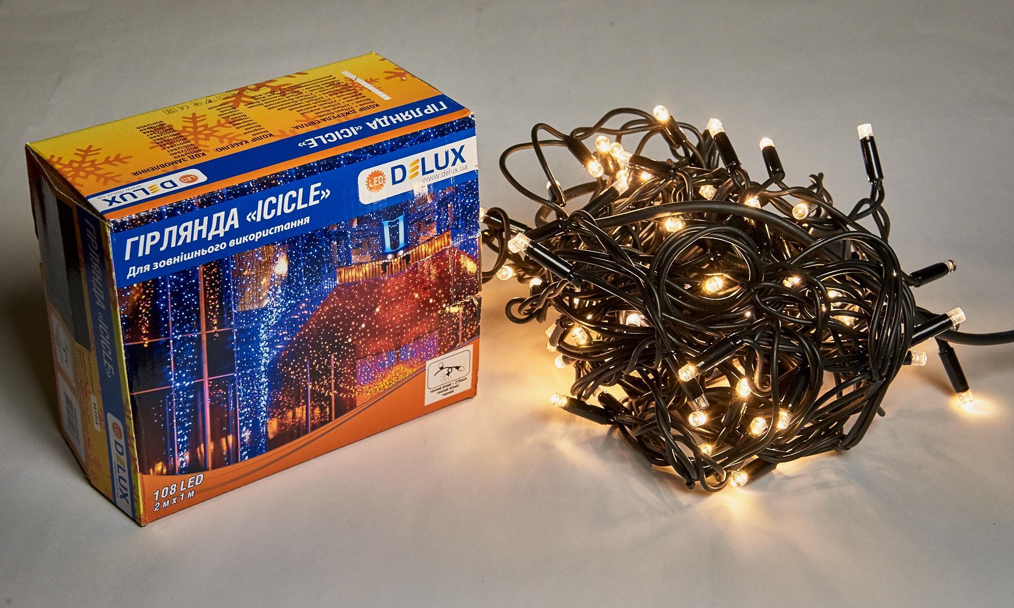 Гирлянда внешняя Delux Icicle 108 LED IP44 EN бахрома 27 flash 2x1 м Теплый белый/Черный (90012947)