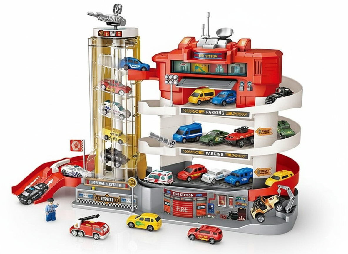 Паркінг багаторівневий WinTek Fire Parking Lot гараж з автоматичним ліфтом світлом звуком і 6 машинками Червоний