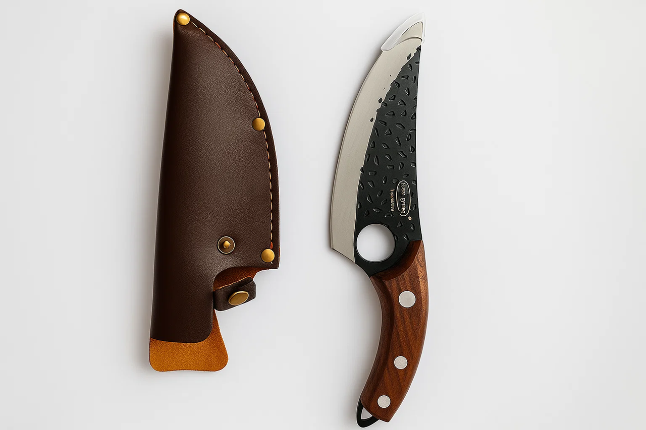 Туристический нож обвалочный кованый из нержавеющей стали с деревянной ручкой и чехлом 28 см (30116782)