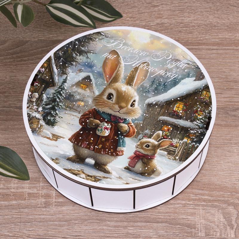 Коробка круглая новогодняя с зайчиком 19,5 см (6964-36)