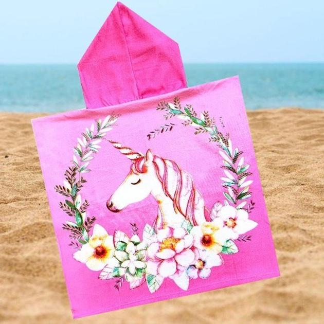 Полотенце-пончо детское пляжное Koloco с капюшоном для девочки 60х60х20 см Единорог в цветах (26993906)