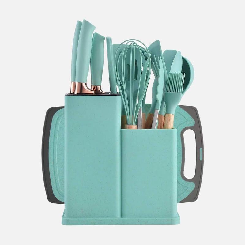 Набір кухонного приладдя 19 предметів силіконові прибори/набір ножів на підставці/дошка для нарізання Green (e2f410f3) - фото 1
