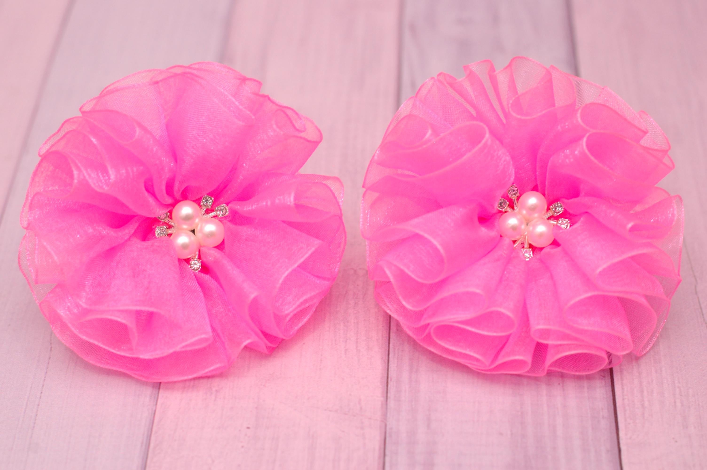 Банты на резинке для волос с жемчугом и стразами 2 шт. Ярко-розовый (880об)