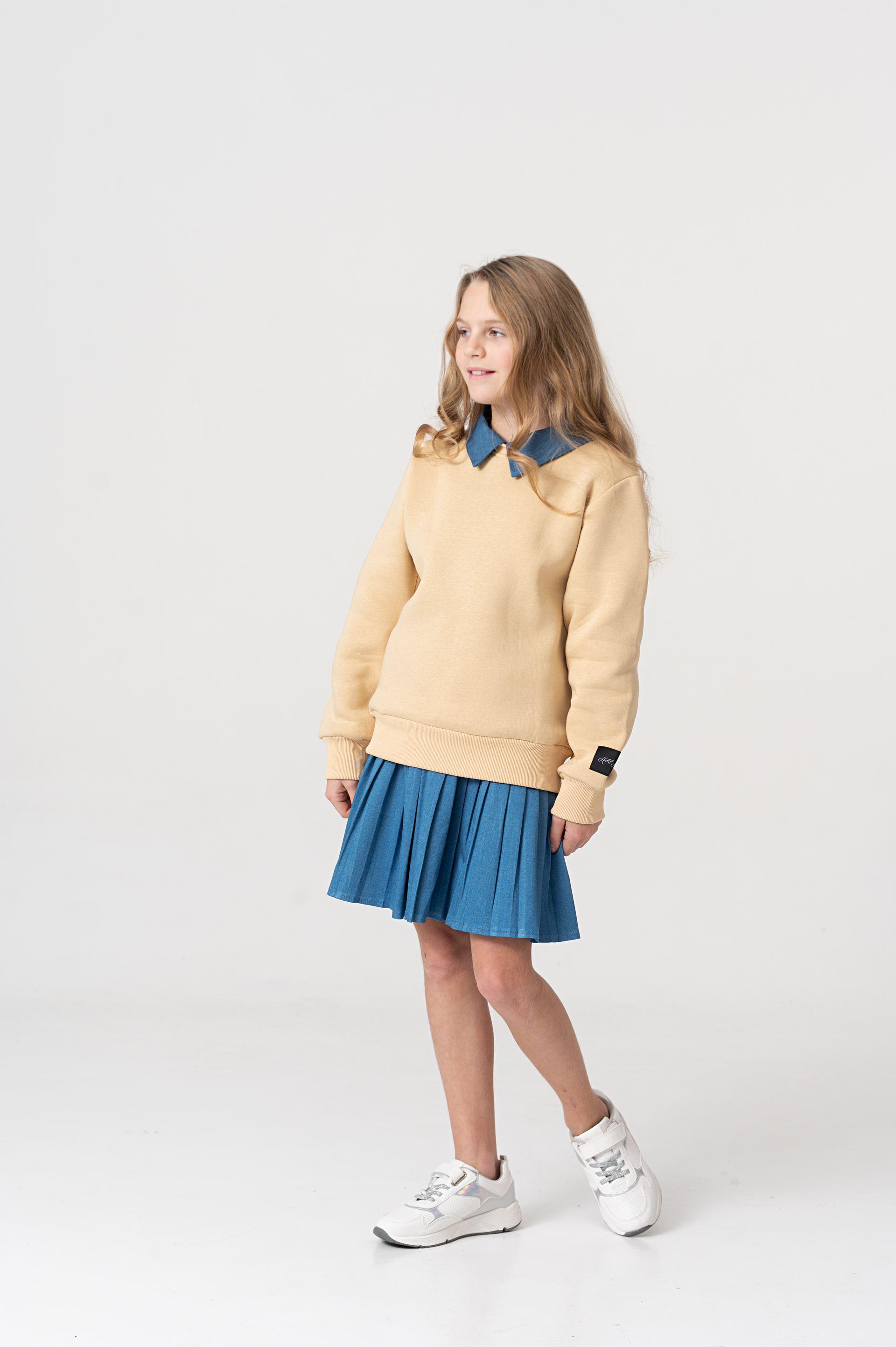 Костюм із світшотом на флісі та джинсовою спідницею Yumster YN.22.25.003 134 см Бежевий/Синій - фото 3