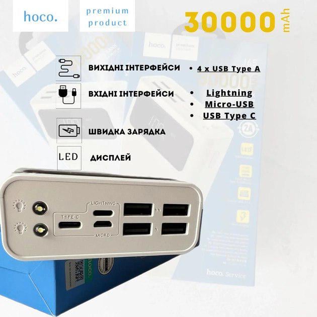 Повербанк Hoco General J65 30000mAh з ліхтарем Білий (658325) - фото 6