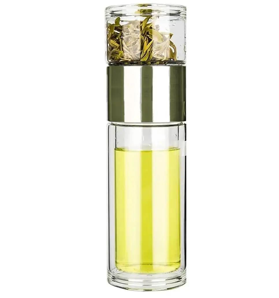 Колба для заваривания стеклянная чая 250 мл с ситечком и крышкой Оливковый (TeaFlow 2G)