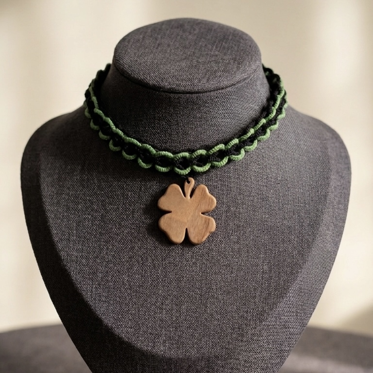 Чокер с деревянной подвеской в форме листа клевера женское украшение ручной работы в технике фриволите из мерсеризированного хлопка Зеленый