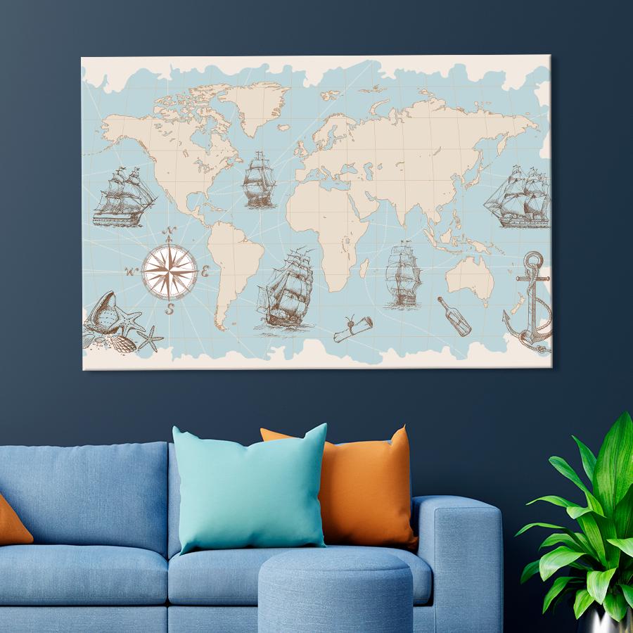 Картина на холсте Карта мира с кораблями 80x54 см (V528-1_L)
