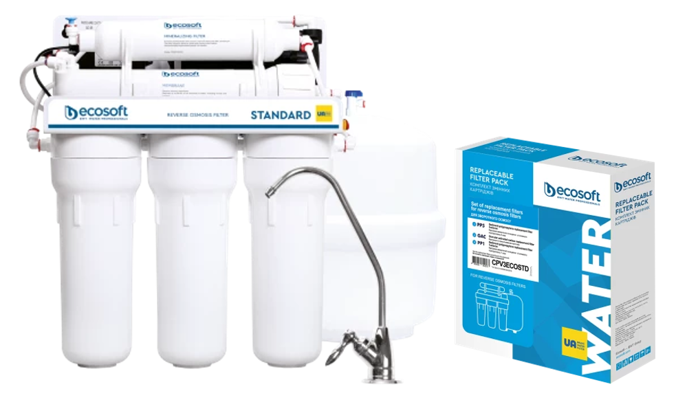 Фільтри для питної води зворотного осмосу Ecosoft Standard PRO з помпою та додатковим комплектом картриджів (MO550MPECOSTD+CPV3ECOSTD)