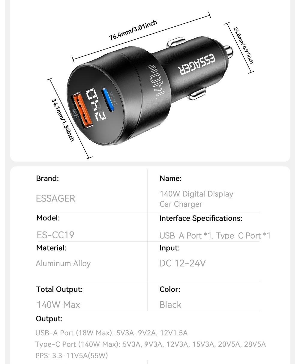 Зарядное устройство для автомобильного Essager 140W LED Metall (26818784) - фото 9 Зарядное устройство для автомобильного Essager 140W LED Metall (26818784) - фото 9