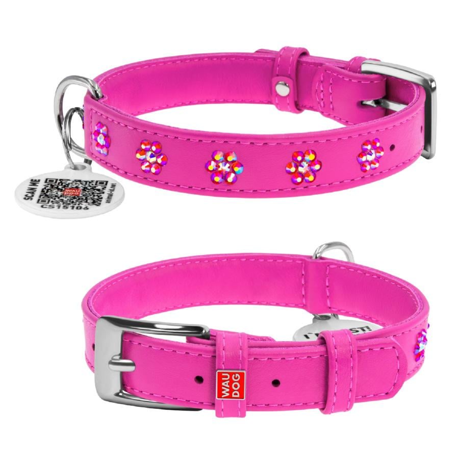 Нашийник для собак шкіряний Waudog Glamour Квіточка з QR паспортом з клейовими стразами XS 15 мм 27-36 см