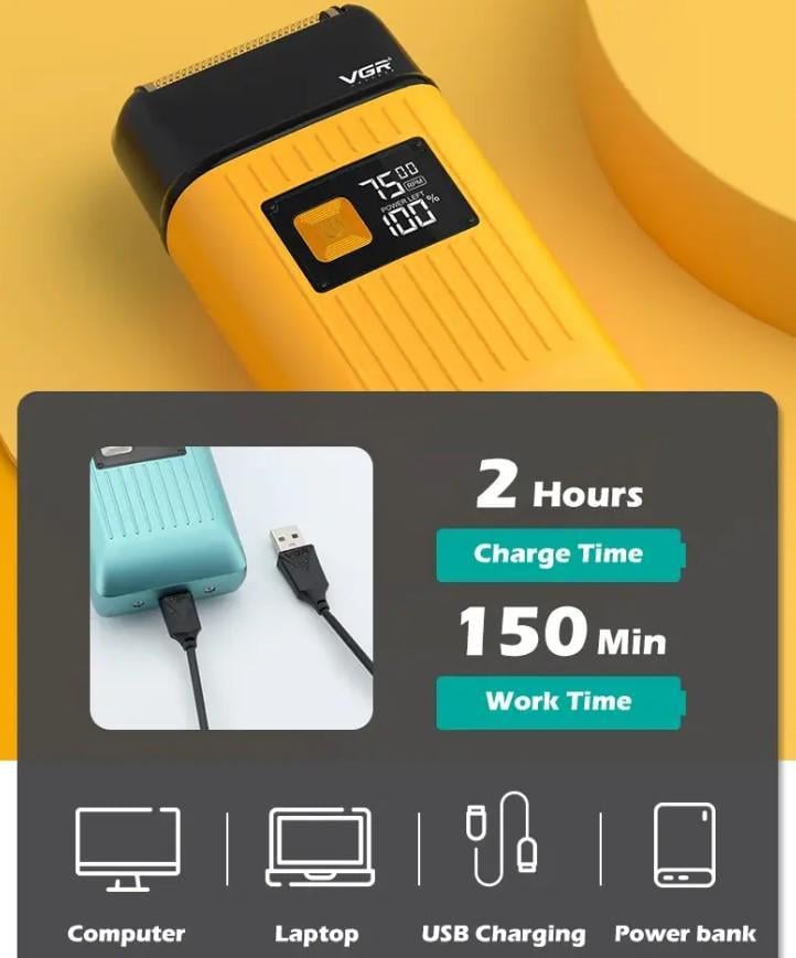 Шейвер беспроводной VGR V‑357 с триммером для бороды и усов Желтый (2390000030) - фото 7 Шейвер беспроводной VGR V‑357 с триммером для бороды и усов Желтый (2390000030) - фото 7