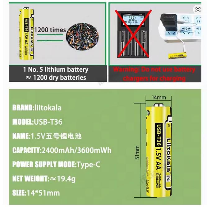 Акумулятор LiitoKala USB-T36 1,5V 2400 mAh АА Жовтий (28869237) - фото 2