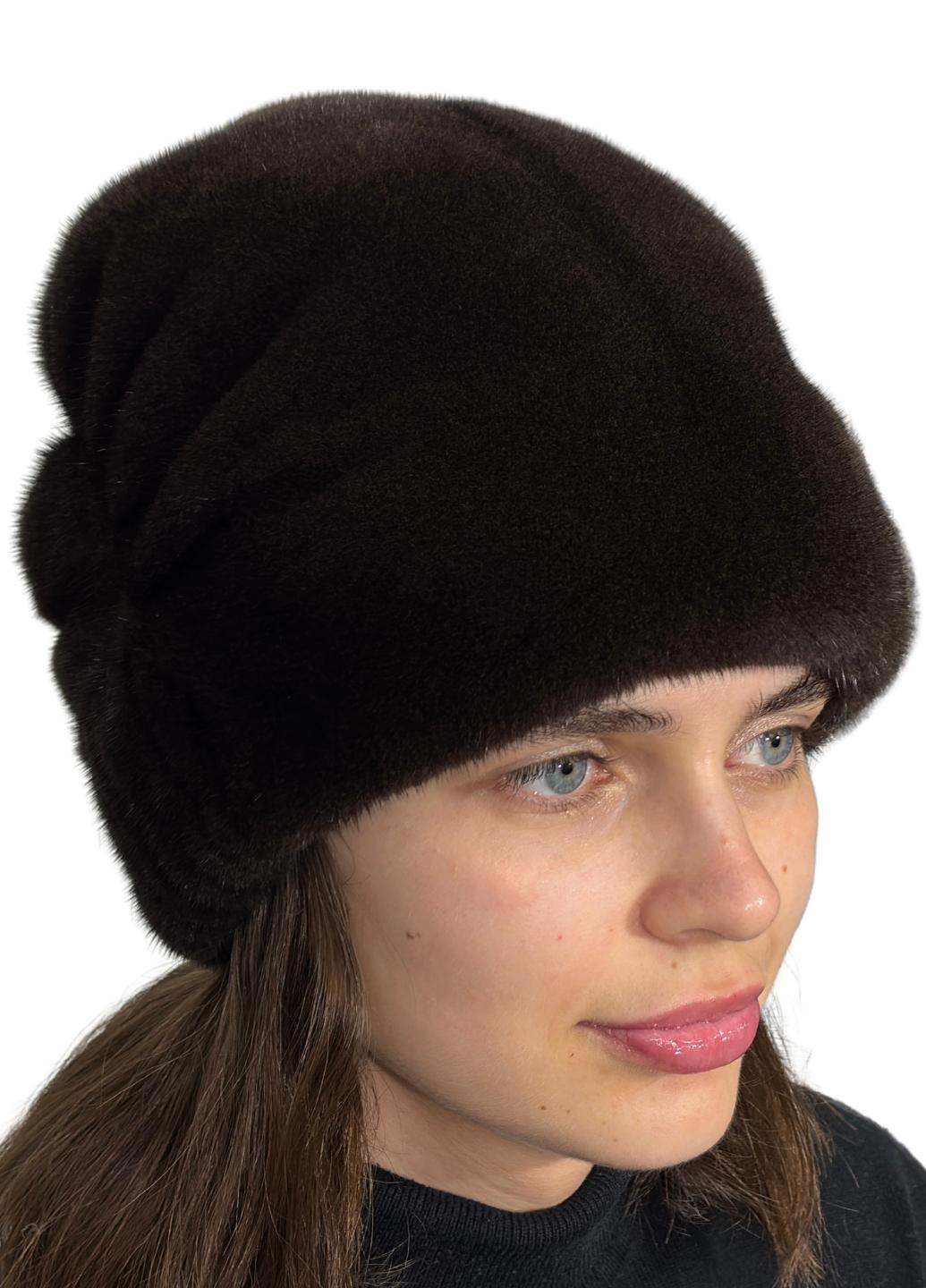 Женская кубанка Меховой стиль Пион из натурального цельного меха норки M-L Темно-Коричневый (065/H)