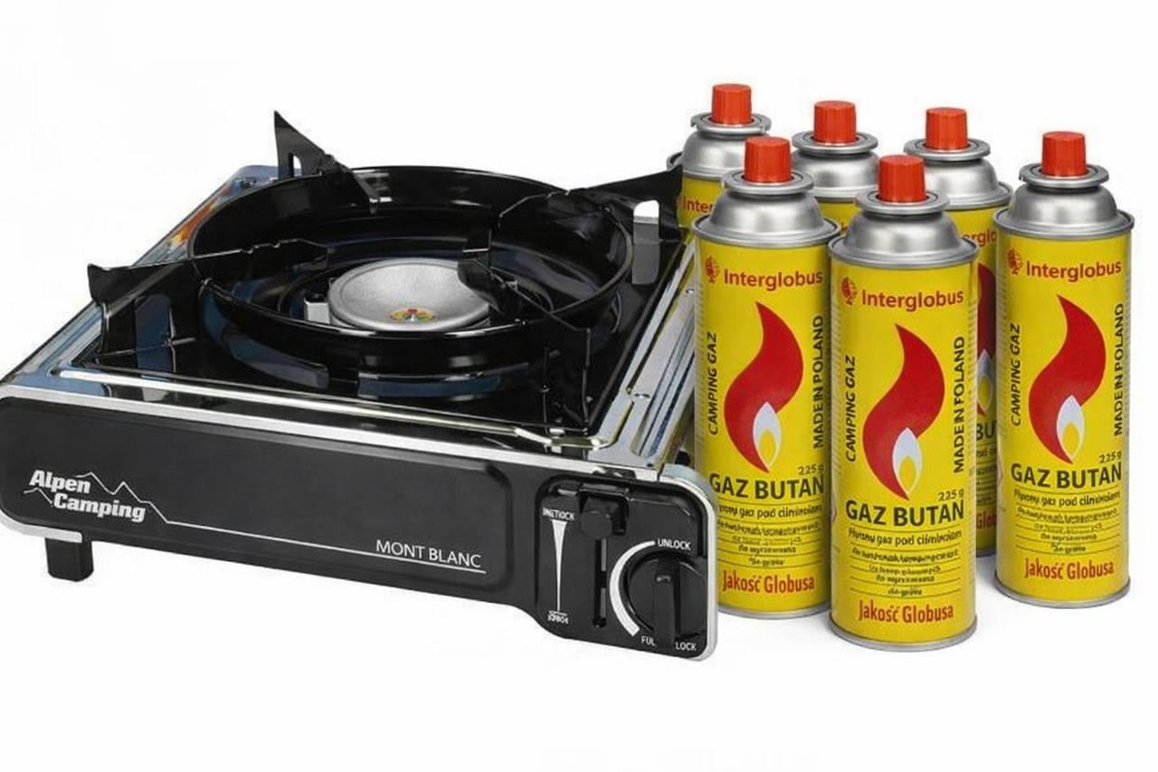 Плитка газовая Alpen Camping Mont Blanc с пьезоподжигом с газовыми балчиками Inter Globus СН0225 5 Баллонов (HH55343+5+1)