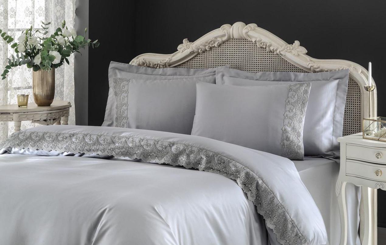 Постельное белье Tivolyo Home Regina делюкс сатин с гипюром евро Серый