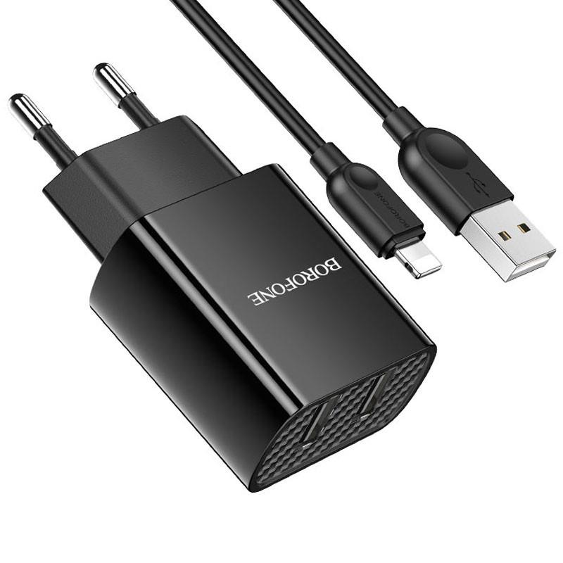 Зарядний мереживний пристрій універсальний Borofone BA53A Powerway 2USB 2,1A з кабелем Lightning Black - фото 2