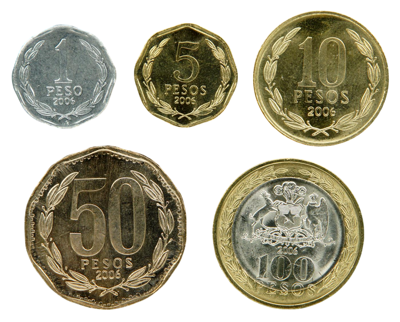 Коллекционные монеты Чили 2006 1/5/10/50/100 песо UNC