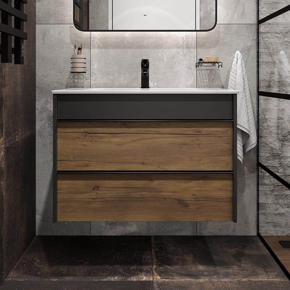 Тумба підвісна із раковиною для ванної MVK Vostok Line 80 В2 800х450х580 мм Дуб Табако/Базальт (8168dk-2)