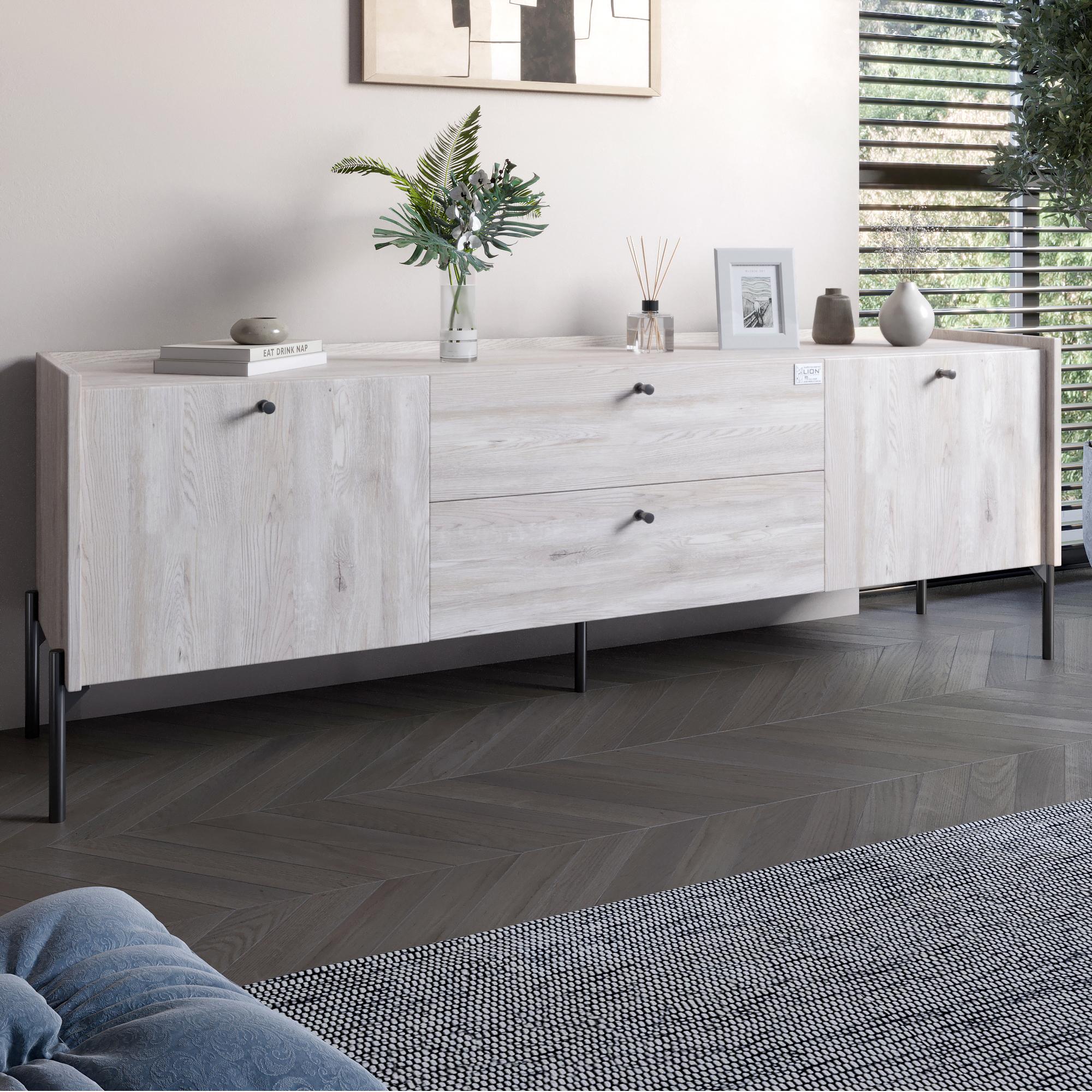 Тумба под телевизор с ящиками Lion Wood с черными ножками 180х50х40 см Самоа Дымчатый (000-000-2430)