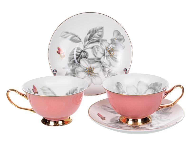 Набір чайних чашок Lefard порцелянових з блюдцем із золотою облямівкою 200 мл Рожевий (975-058)