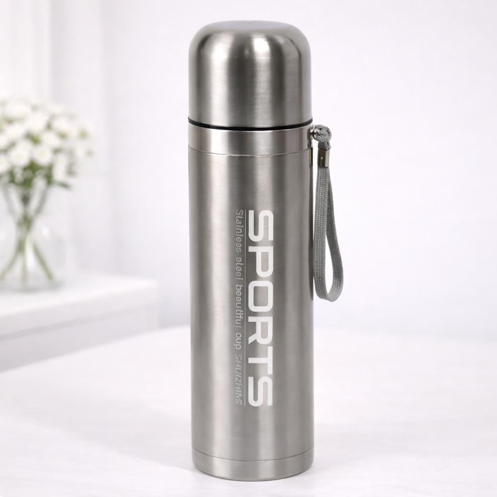 Термос спортивний 124696 500 мл із нержавіючої сталі 304 з кнопкою і ремінцем Сріблястий
