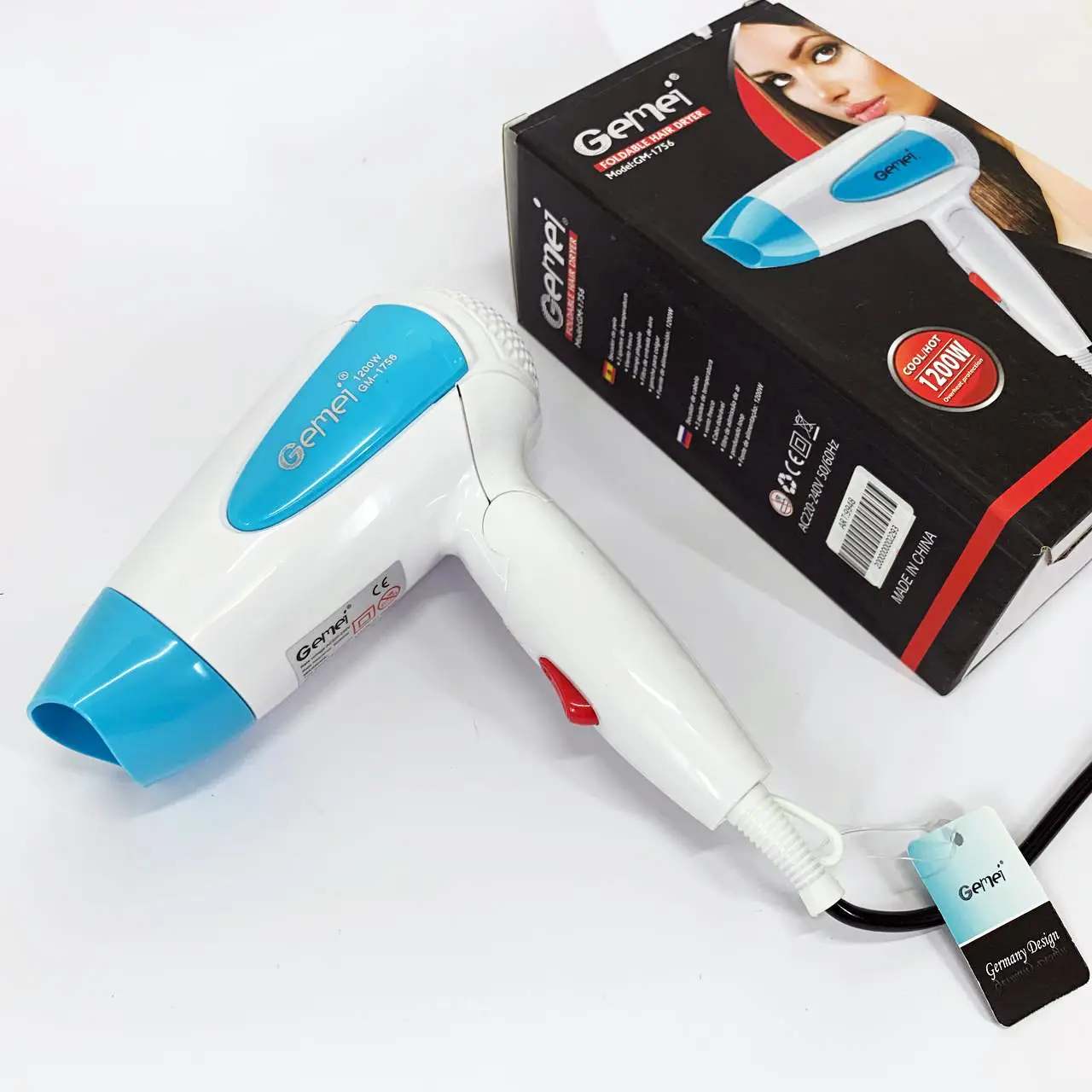 Фен дорожный Gemei GM-1756 1200 Вт складной с концентратором Голубой (ML-05272) - фото 6