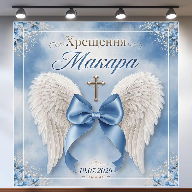 Фотозона на крещение мальчика с большими крыльями ангела и синим бантом 120х120см, №48040 Фотозона на крещение мальчика с большими крыльями ангела и синим бантом 120х120см, №48040