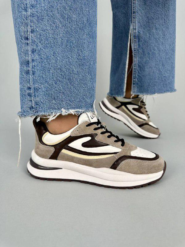 Кроссовки женские кожаные с вставками замши р. 38 Бежевый с коричневым (5103/38)