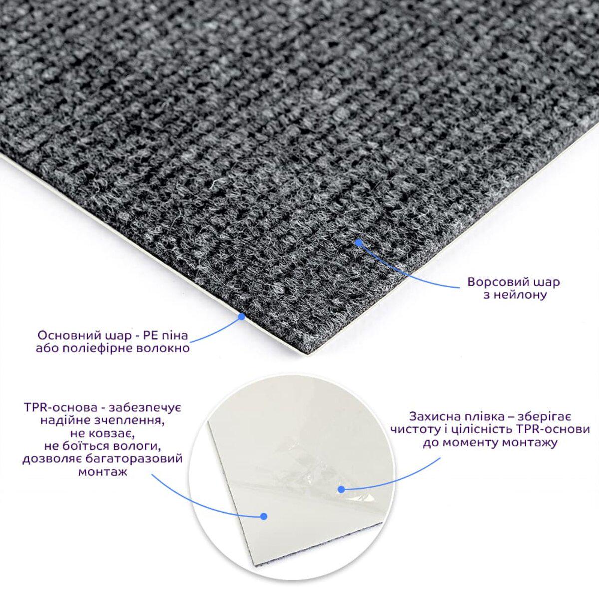 Ковролин самоклеящийся с TPR основой многоразовый 300х300х4 мм Темно-серый (SW-00002801) - фото 2
