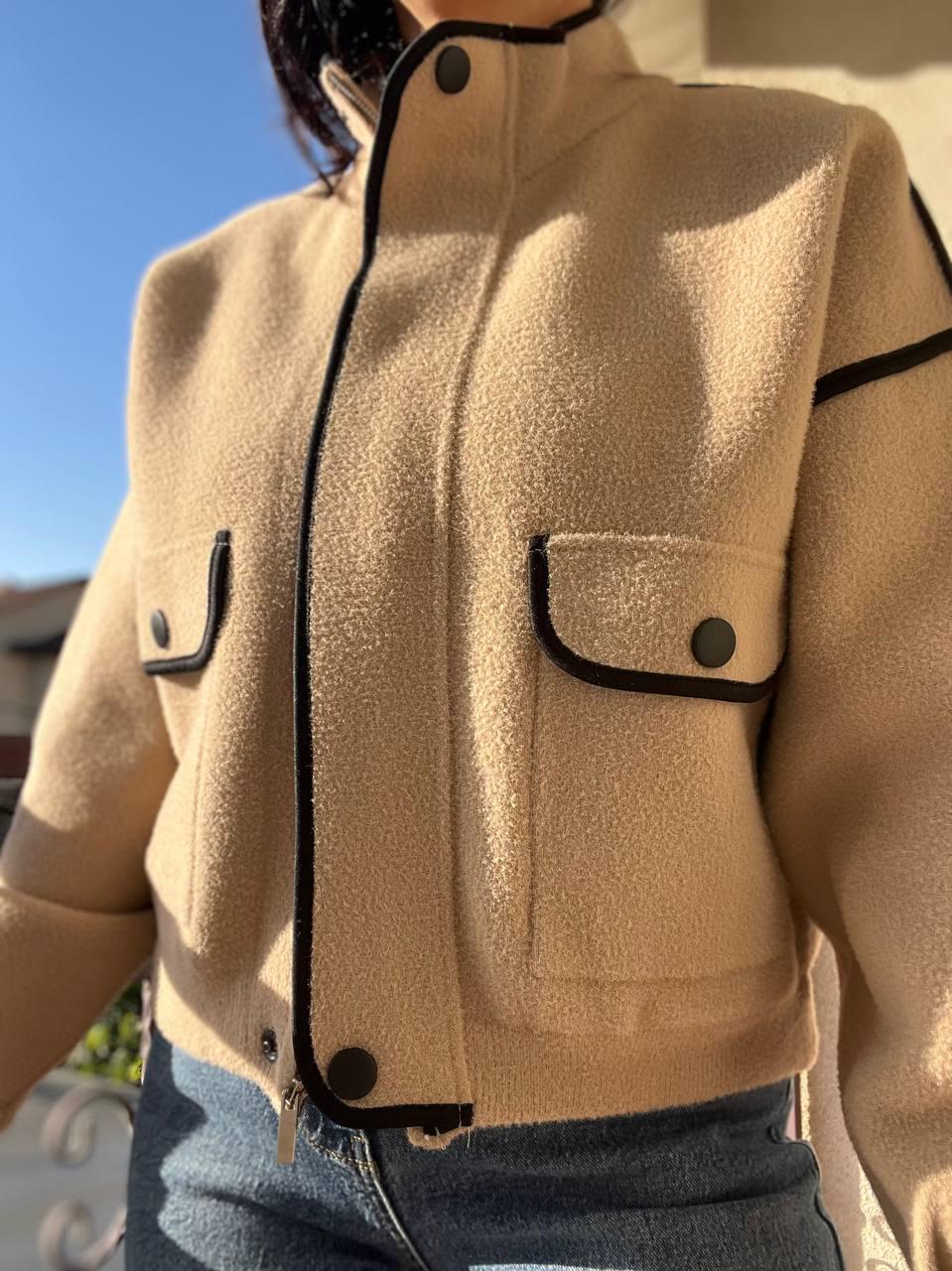 Жакет жіночий A-N 881 кардиган бомбер комір стійка на блискавці вовна альпаки OS Бежевий (1369) - фото 2