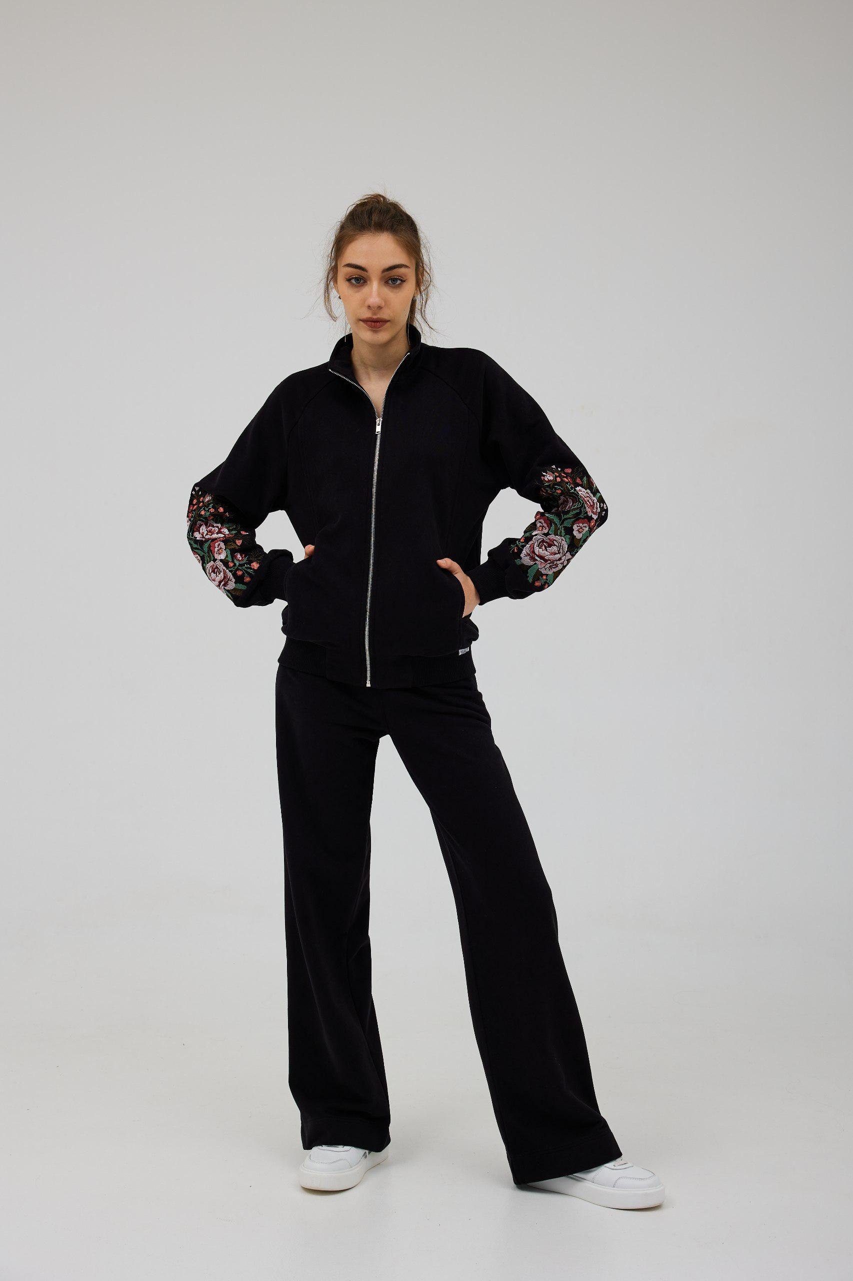 Прогулянковий костюм жіночий Lookeriya з вишивкою Троянди олімпійка та штани-палаццо тринитка XL Чорний (31826140)