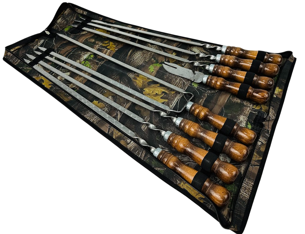 Набор шампуров комбинированный Кизляр 8 предметов с вилкой-ножом и двойным шампуром 63 см Коричневый (124-10-NB-2273)