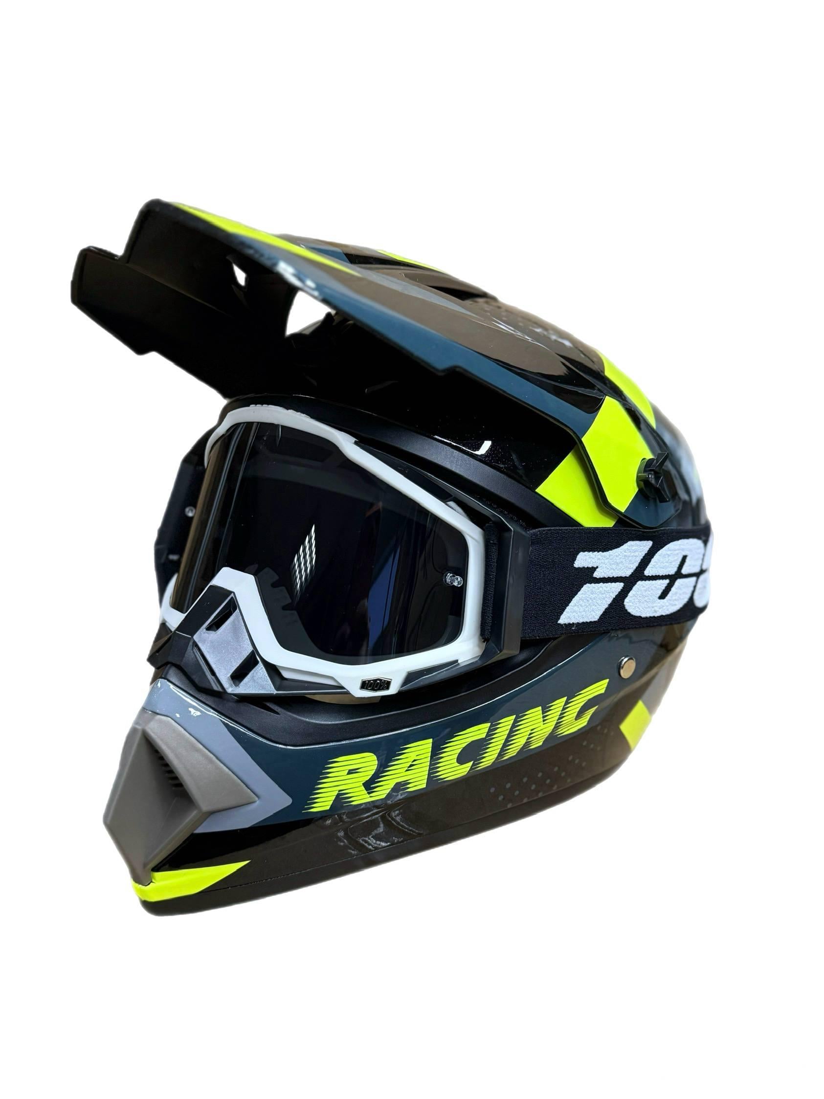 Мотошлем эндуро кроссовый Helmet Racing M и очки Profi 100% Black (0066)