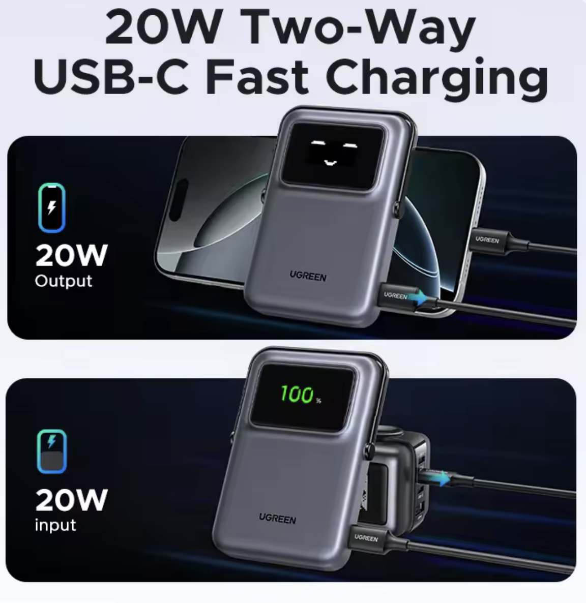 Магнитная батарея UGREEN Uno 20Вт Qi2 10000 mAh Magsafe Power Bank Black - фото 2 Магнитная батарея UGREEN Uno 20Вт Qi2 10000 mAh Magsafe Power Bank Black - фото 2